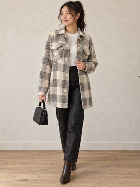 Ellison Beige Tweed Coat Jacket - Classic Neutral Outerwear Large Shacket